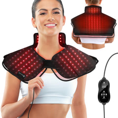 CooCoCo wearable red light pad positioned on neck and shoulders for targeted relief and comfort.