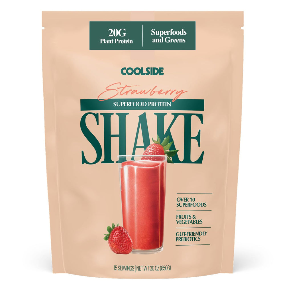 Coolside Superfood Protein bottle close-up showing an easy-to-mix daily shake
