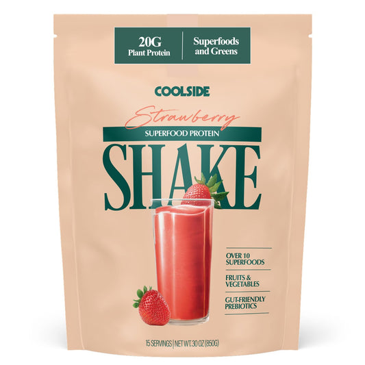 Coolside Superfood Protein bottle close-up showing an easy-to-mix daily shake