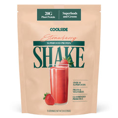 Coolside Superfood Protein bottle close-up showing an easy-to-mix daily shake