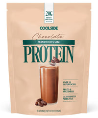 Coolside Superfood Plant Protein chocolate powder shown for daily shakes.