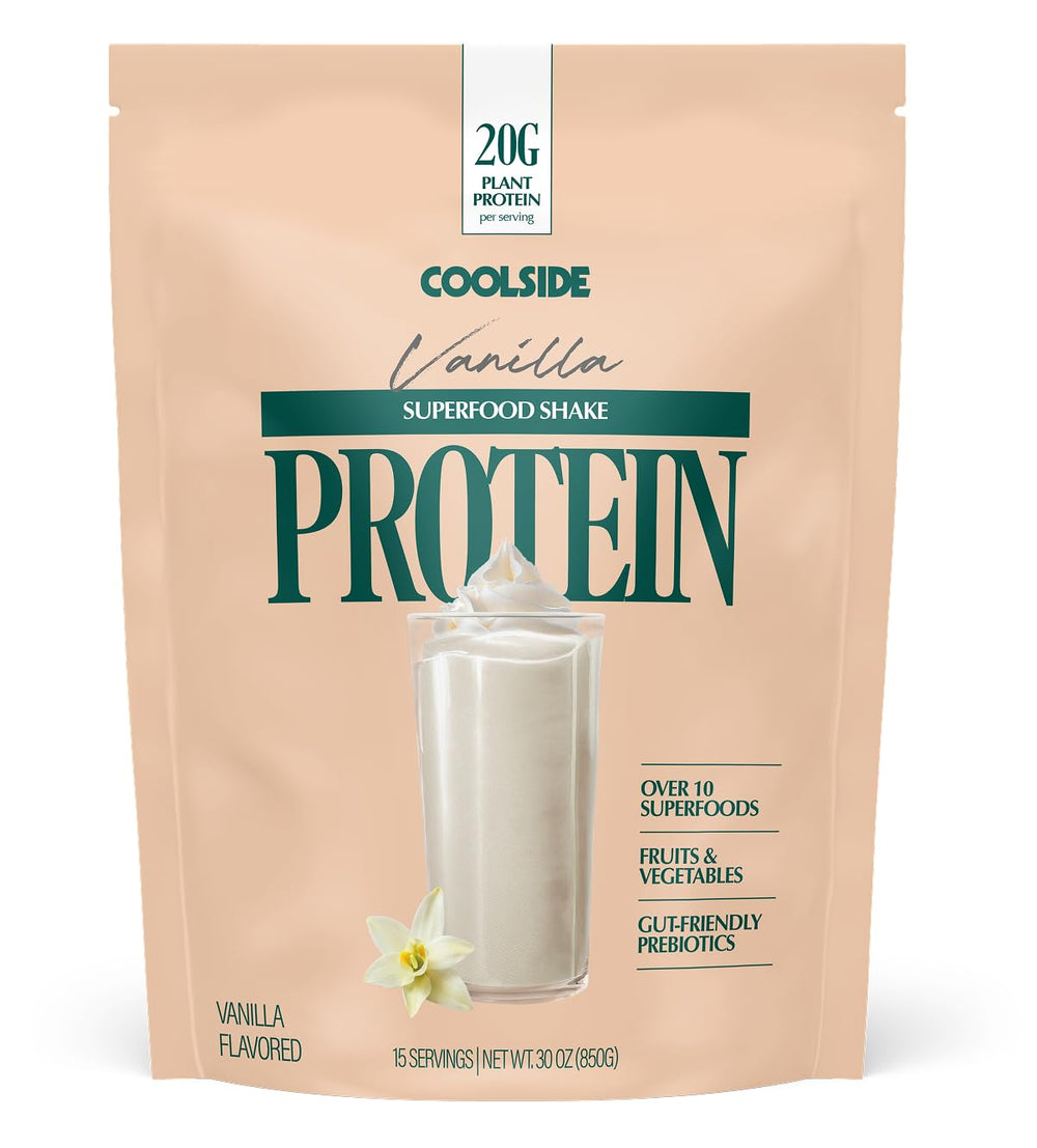 Coolside Vanilla protein powder front label displaying all-in-one nutrition for plant-based diets.