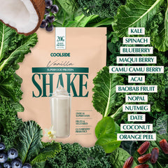 Scoop of Coolside Vanilla protein powder in a glass for a smooth shake.