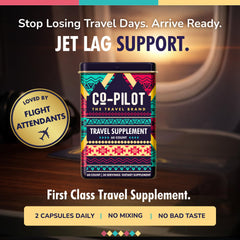 Co-Pilot The Travel Brand immune-support capsules may help travelers maintain vigor.