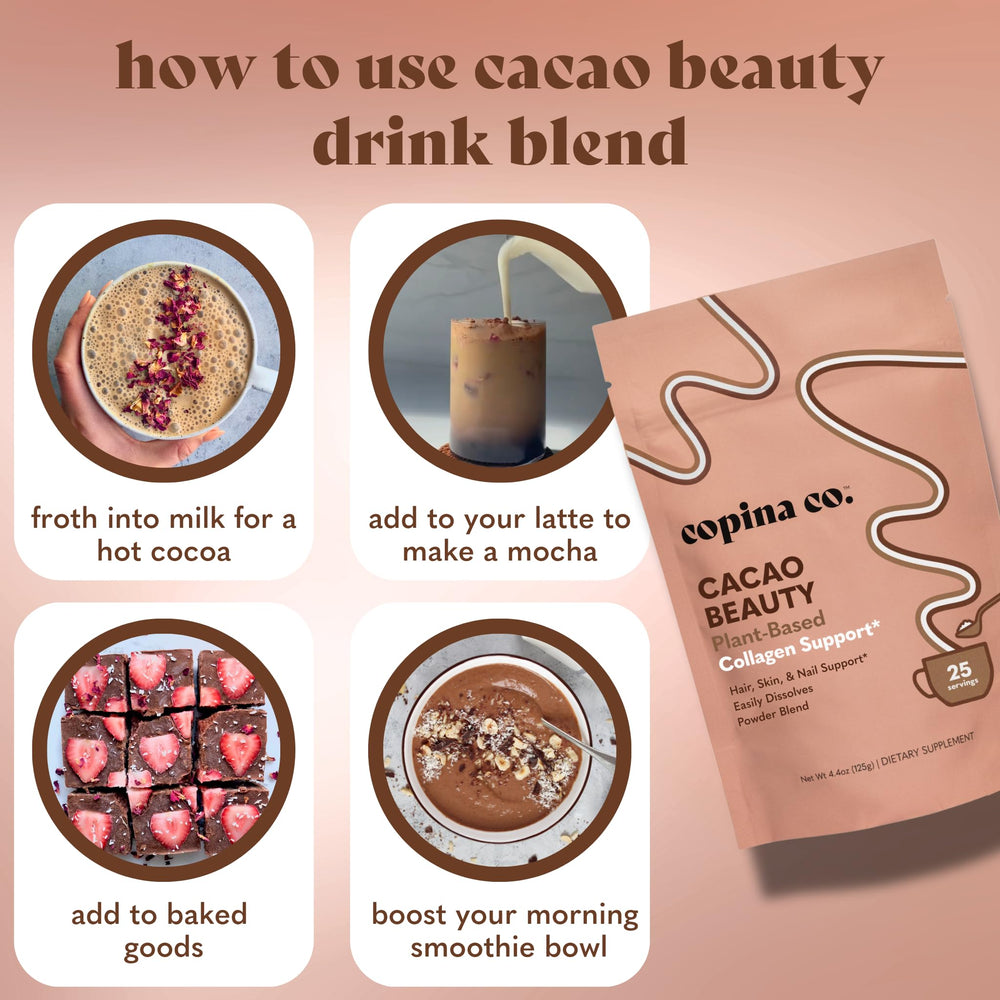 Copina Co. cacao beauty morning ritual with glass suggests daily vitality.