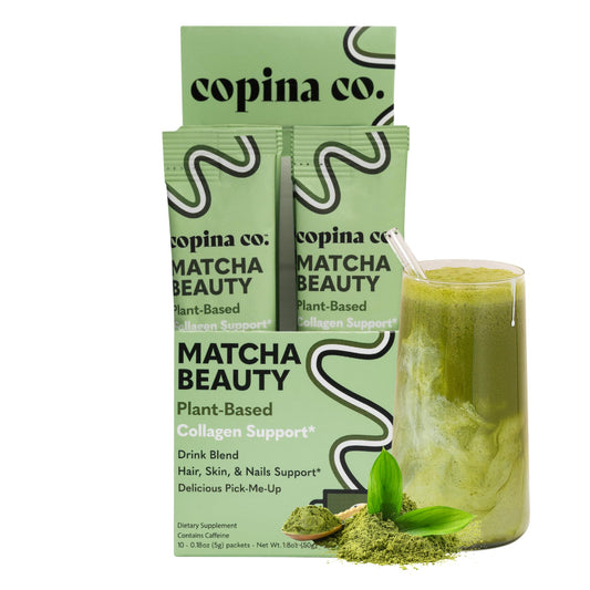 Copina Co. Matcha Beauty package front promotes vegan collagen support for daily skin vitality.