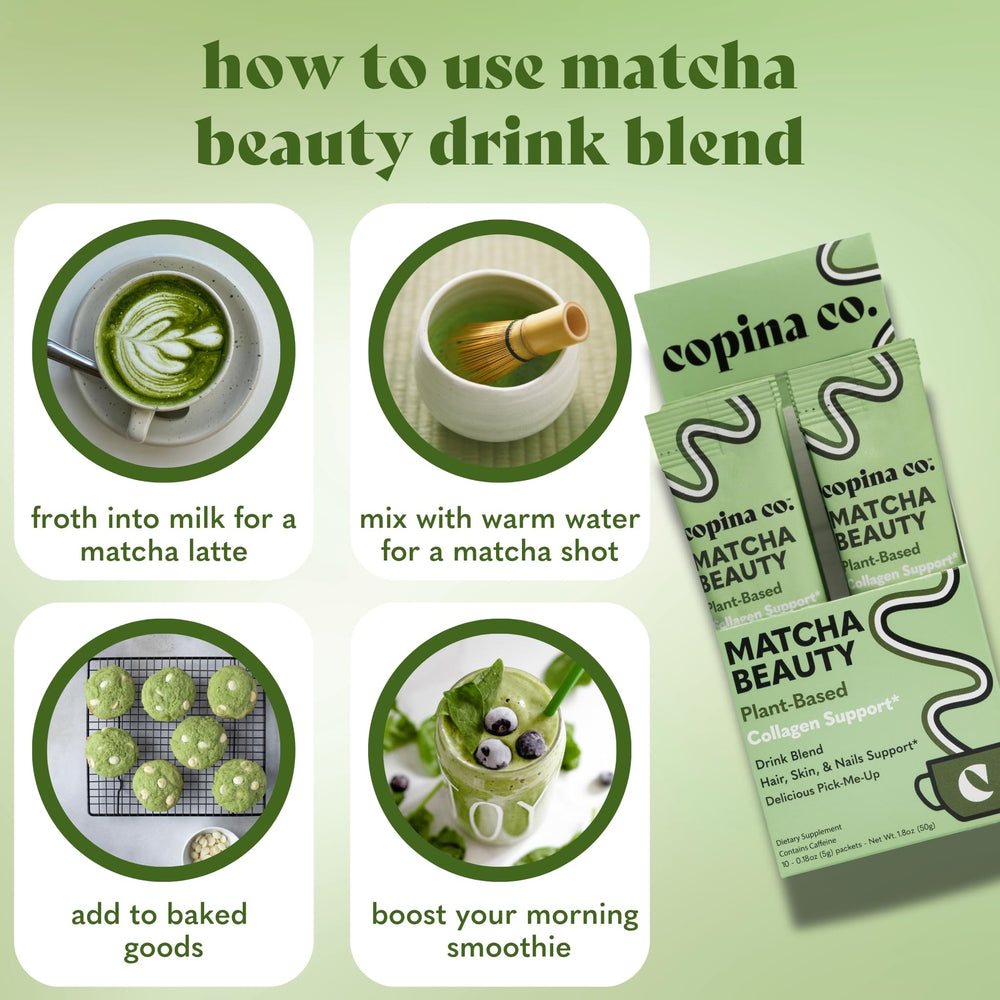 Copina Co. Matcha Beauty pour-over latte idea demonstrates easy preparation.