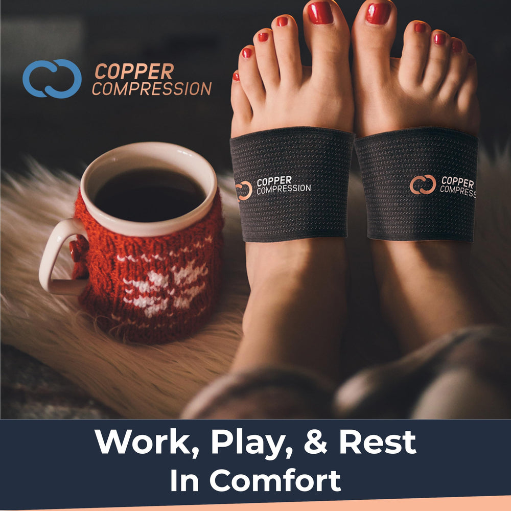 Black Copper Compression arch support sleeves in two sizes for versatile fit.