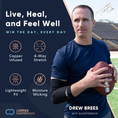 Box includes two pairs of Copper Compression arch support sleeves for both feet.