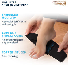 Copper Fit Mobilizer Arch Wrap adjustable strap in use for a customized fit