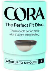 Cora Menstrual Disc Charcoal packaging presents a reusable, eco-friendly period solution.