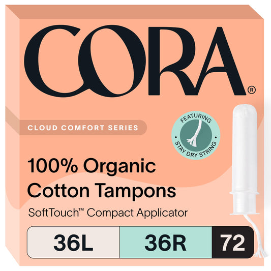 Cora organic cotton tampons 36-light pack offers all-angle protection and comfort.