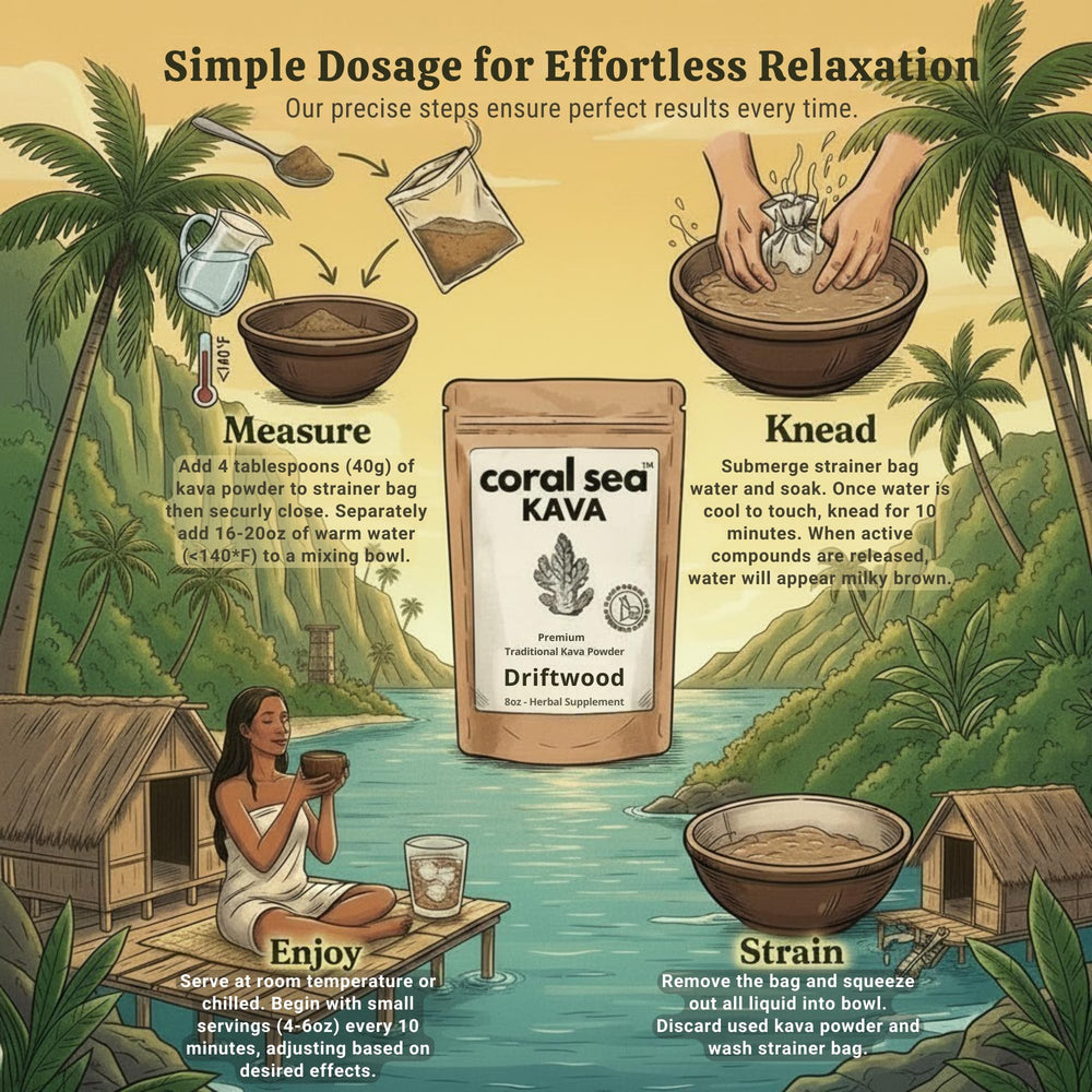 Coral Sea Kava powder in tin signals clean, potent kava for a calm evening.