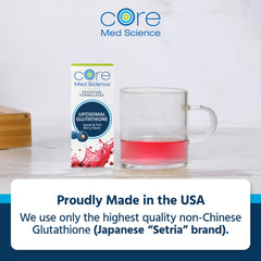 Core Med Science glutathione sachet closeup emphasizes premium packaging.