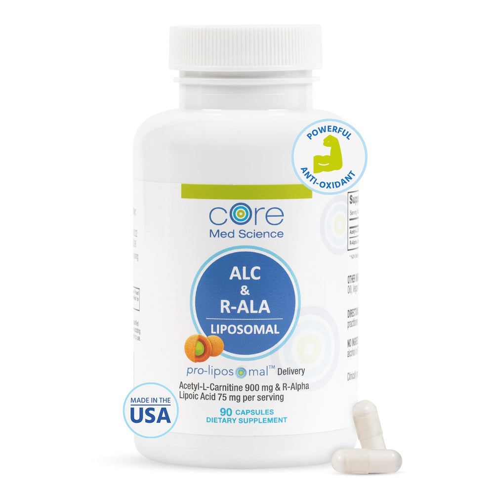 Core Med Science liposomal ALC & R-ALA capsules in a bottle promote focused energy
