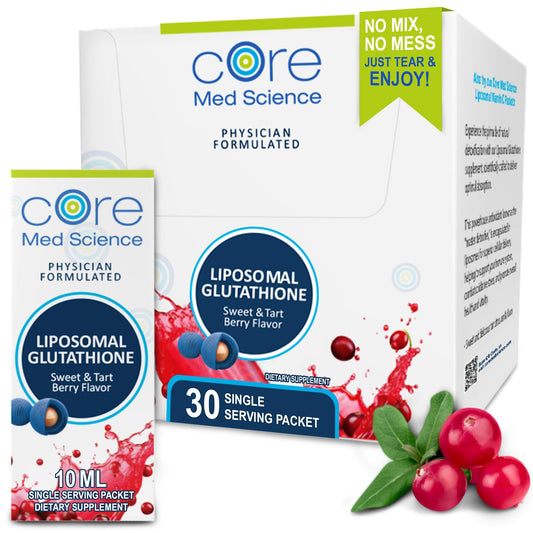 Core Med Science liposomal glutathione box sachets for convenient daily wellness use.