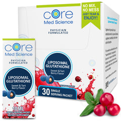 Core Med Science liposomal glutathione box sachets for convenient daily wellness use.