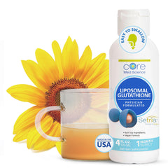 Core Med Science Liposomal Glutathione bottle shows fast-absorbing antioxidant support for energy and liver health.