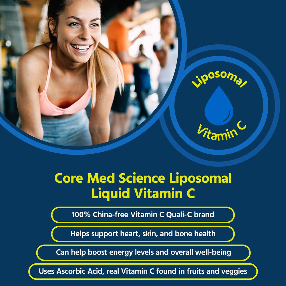 Core Med Science liposomal vitamin C liquid pour shows easy dosing for daily use.