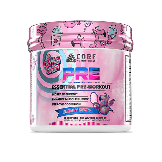 Core Nutritionals Essential Pre Workout bottle front view highlighting label and energy blend