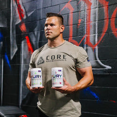 Scoop of Fury Platinum powder ready for a pre-workout drink