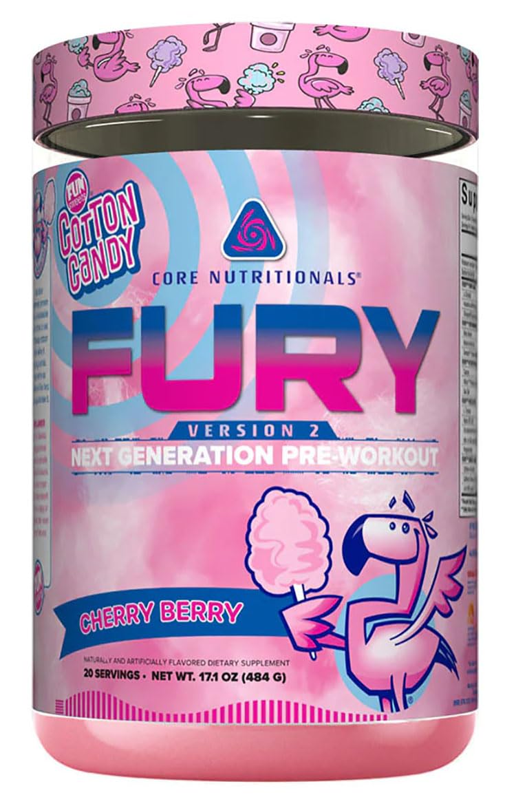Core Nutritionals Fury V2 tub front highlights cherry berry flavor and powder texture.