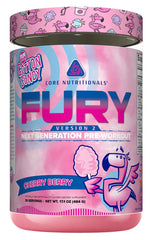 Core Nutritionals Fury V2 tub front highlights cherry berry flavor and powder texture.