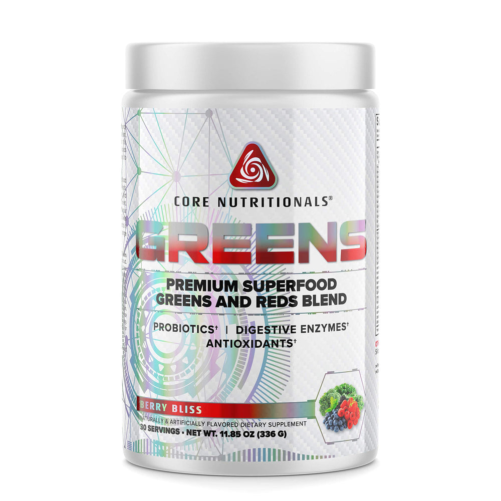 Core Nutritionals Greens Berry Bliss bottle pour supports easy daily greens intake and taste