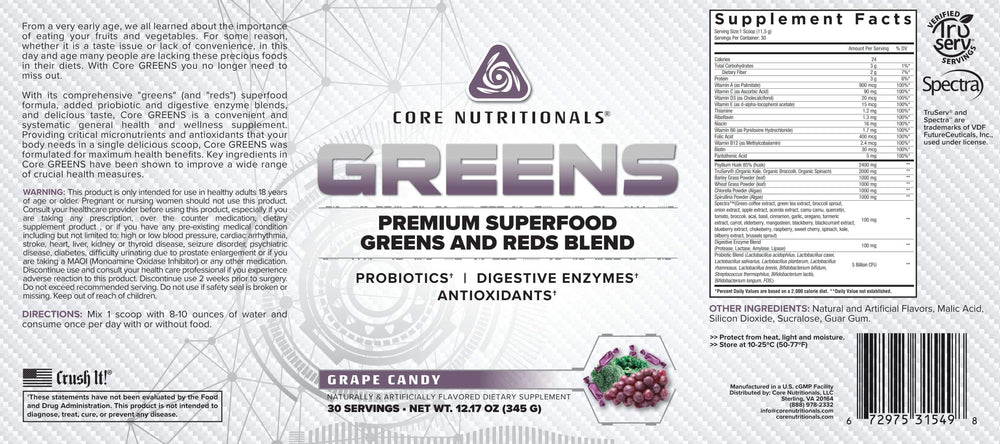 Core Nutritionals Greens scoop dispensing into shaker for convenient daily nutrition.