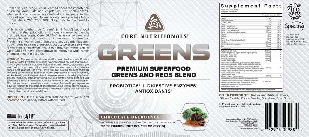 Core Nutritionals Greens scoop in shake highlighting probiotic blend and convenience.