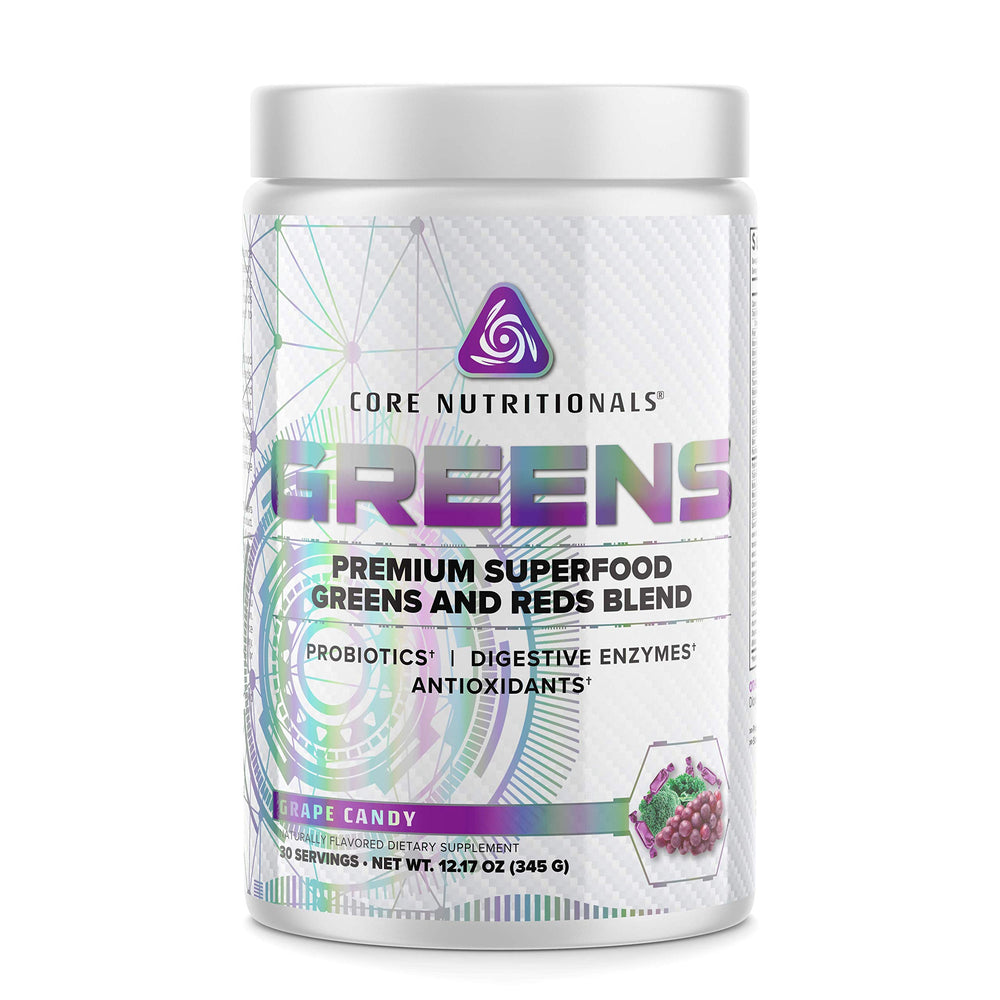 Core Nutritionals Greens tub front showing grape candy flavor for daily greens.