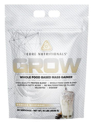 Core Nutritionals Grow Mass Gainer vanilla tub front for post-workout fueling.