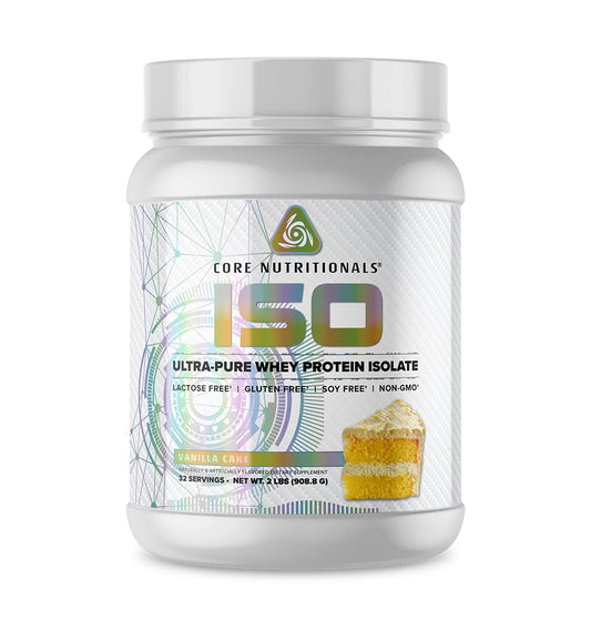 Core Nutritionals ISO Whey Vanilla Cake bottle for post-workout recovery.