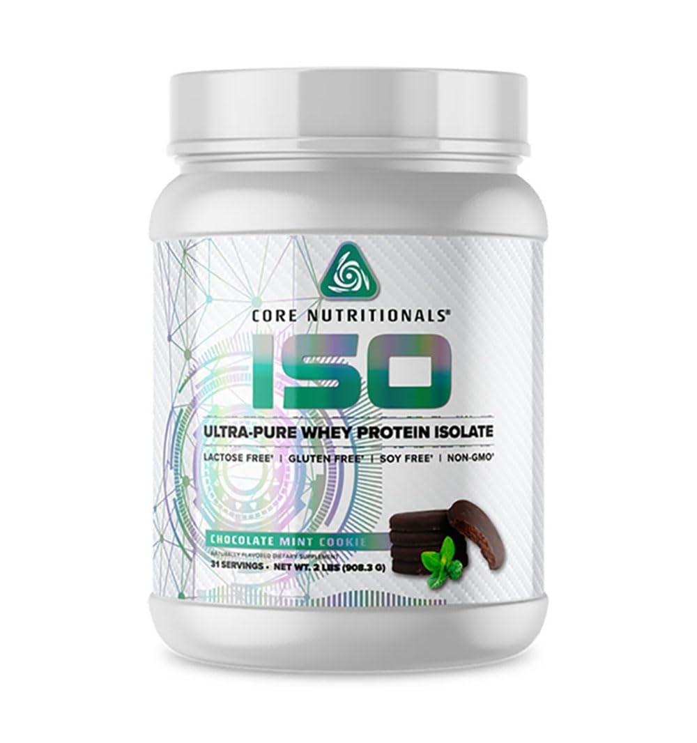Core Nutritionals Iso Whey Chocolate Mint Cookie front label emphasizing purity and quality.