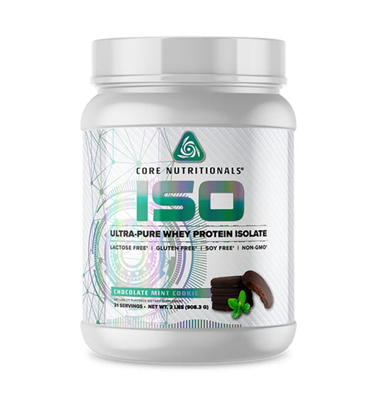 Core Nutritionals Iso Whey Chocolate Mint Cookie front label emphasizing purity and quality.