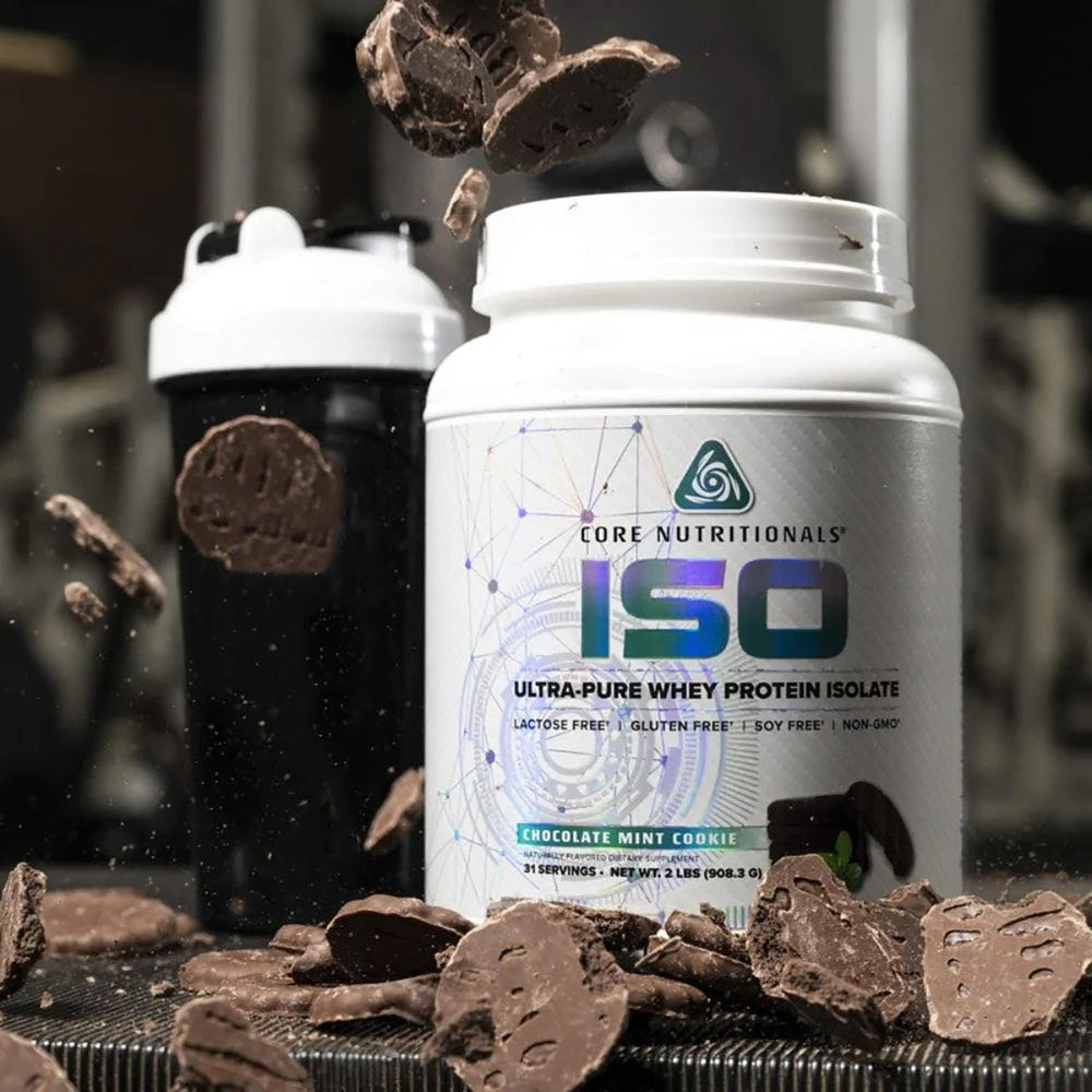 Core Nutritionals Iso Whey Chocolate Mint Cookie glass highlighting natural flavor.