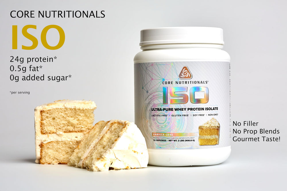 Core Nutritionals ISO Whey powder being poured for quick, smooth shakes.