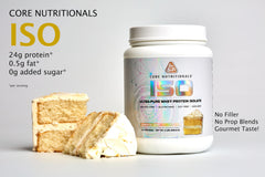 Core Nutritionals ISO Whey powder being poured for quick, smooth shakes.