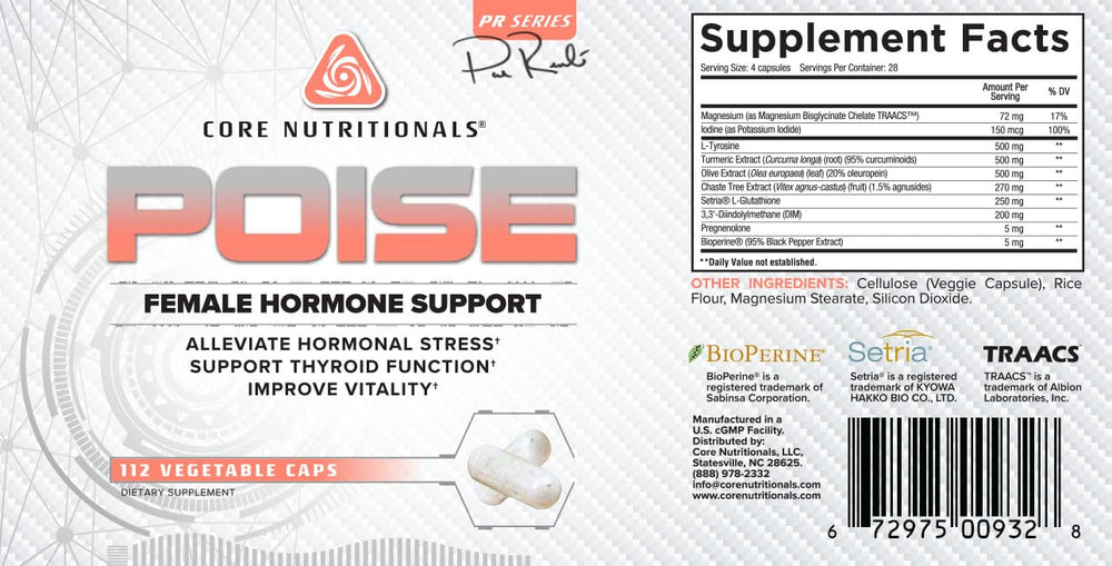Poise ingredients list includes magnesium, DIM, chasteberry, and iodine