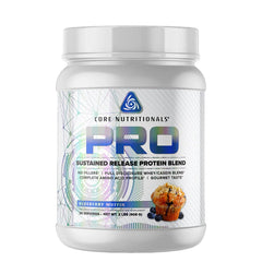 Core Nutritionals Pro Sustained Release protein Blueberry Muffin bottle showcases smooth texture and flavor