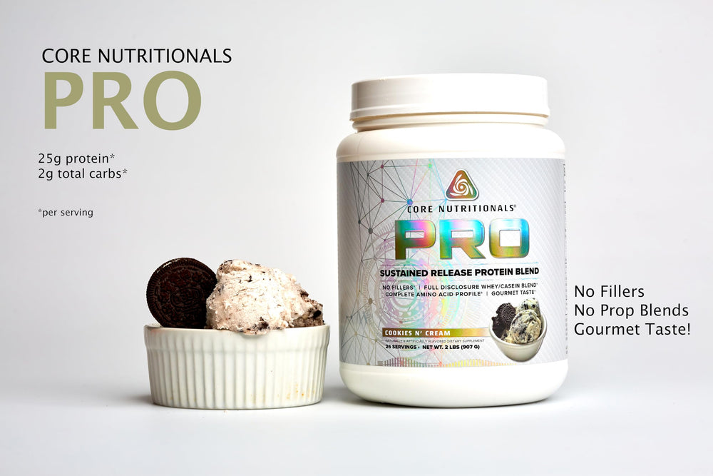 Core Nutritionals Pro Sustained Release Whey powder-jar highlights Cookies N Cream formula
