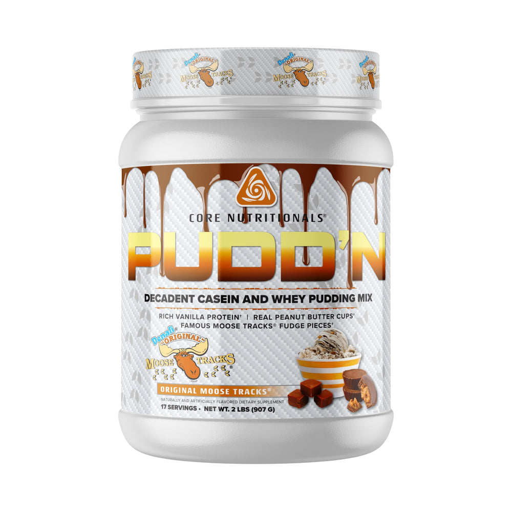 Core Nutritionals Pudd'n Original Moose Tracks label with transparent ingredients.