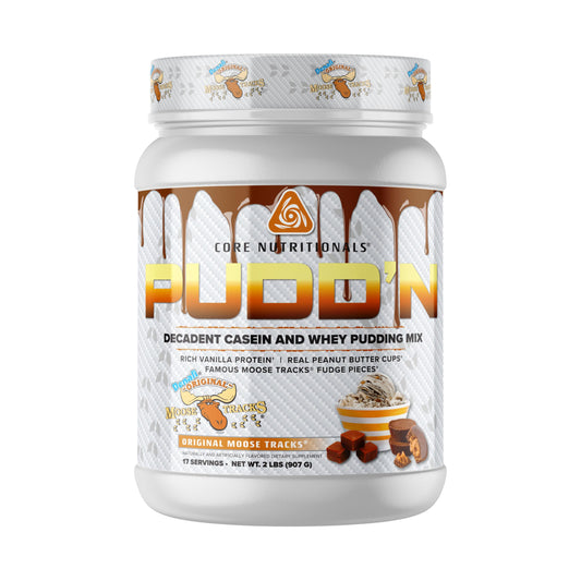 Core Nutritionals Pudd'n Original Moose Tracks label with transparent ingredients.