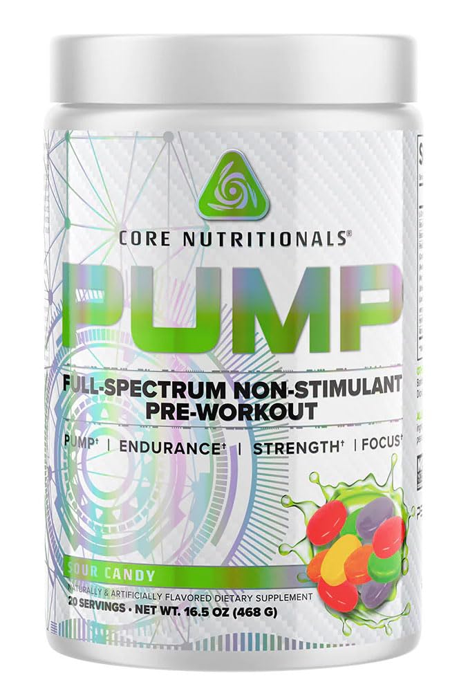 Core Nutritionals Pump bottle closeup showing full-spectrum non-stimulant pre-workout benefits.
