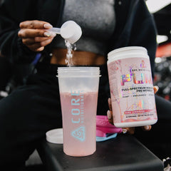 Core Nutritionals Pump Cherry Burst bottle top highlights easy-to-read scoop.