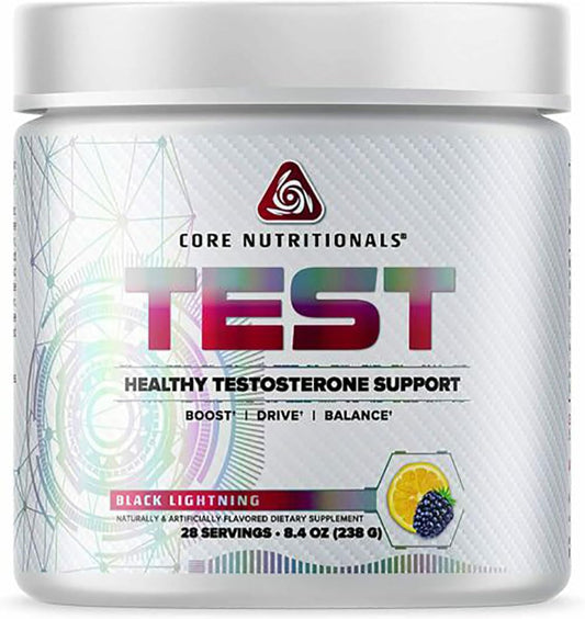Core Nutritionals Test Vitality bottle front label highlights testosterone support and energy.