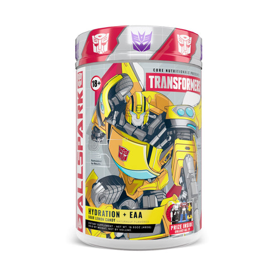 Core Nutritionals Allspark Hydration bottle front, lemon flavor, ready for workouts.