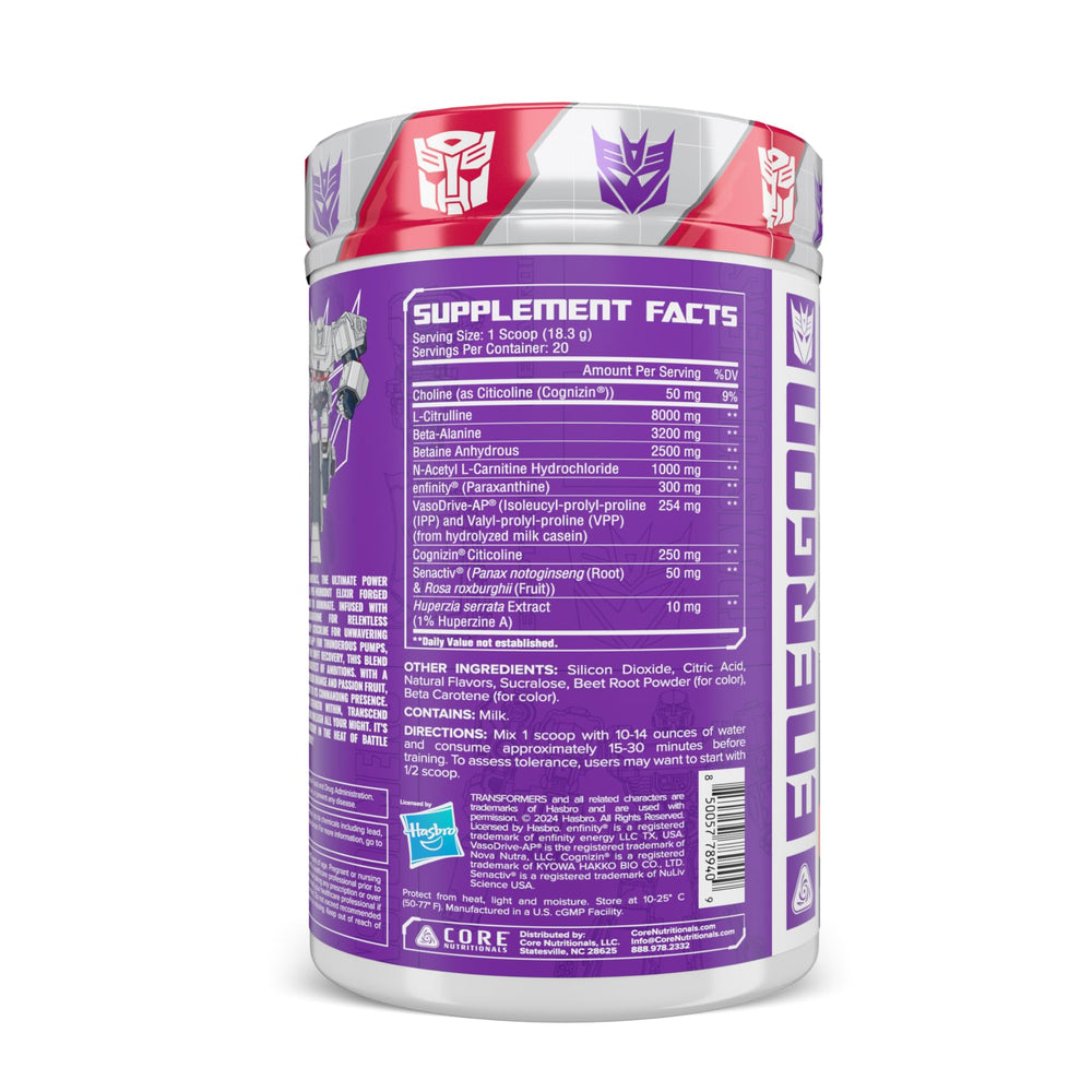 Core Nutritionals Energon tub label highlights Transformers collaboration and clean performance.