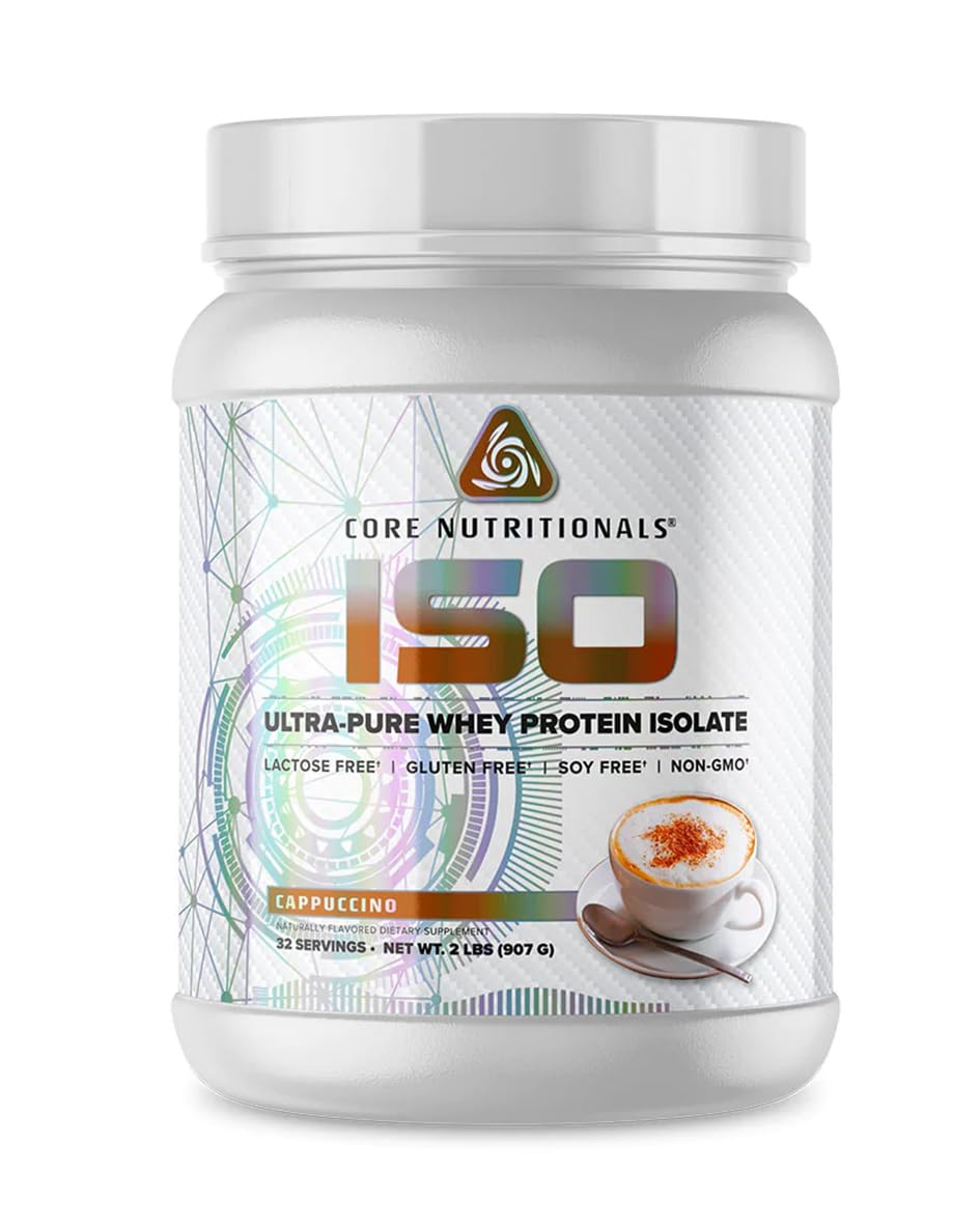 Core Nutritionals Ultra-Pure Isolate Whey Cappuccino tub front showing clean formula for post-workout fueling