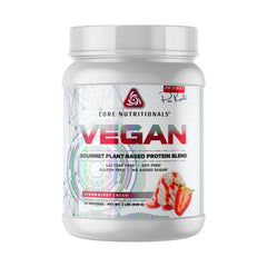 Core Nutritionals Vegan Gourmet Strawberry Cream protein powder for smooth plant-based recovery.